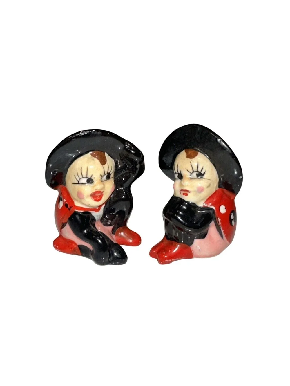2 1950s Lady Bug Pixie Fairy Salt & Pepper Shakers Cork Stopper Madein Japan